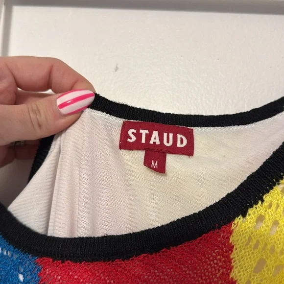 Staud Alpes One Shoulder Cutout Rainbow Crochet Knit Dress - Picture 5 of 10